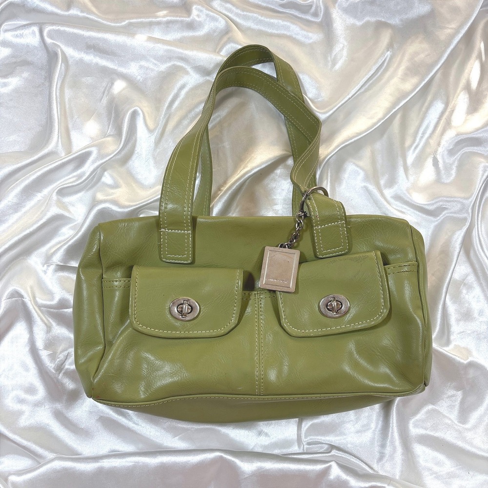 y2k Nine West Shoulder Bag Green Good Turn Lock Pockets Contrast Stitch